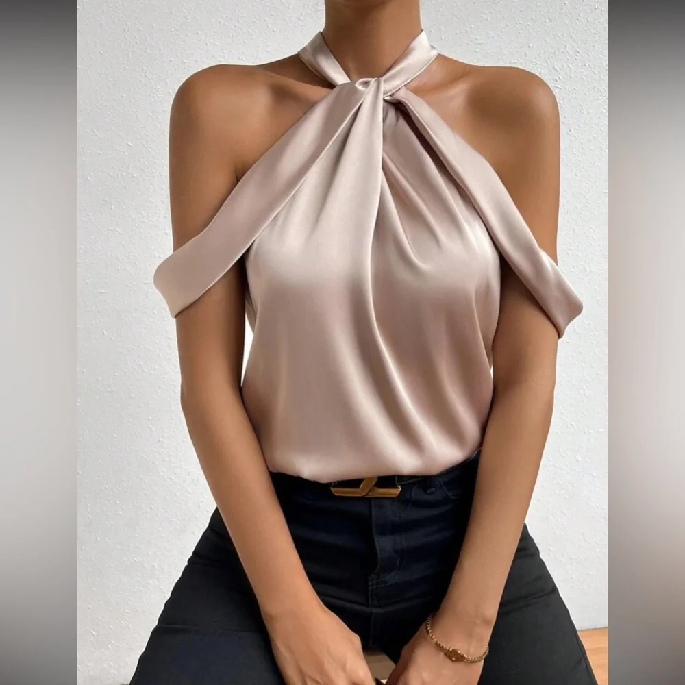 Luxe cold shoulder satin blouse